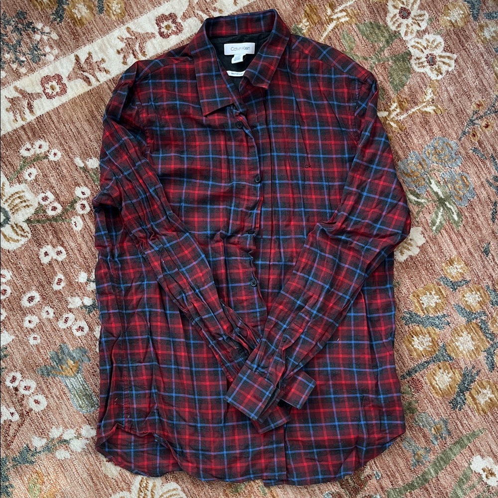 Calvin Klein Red and Blue Plaid Dress Shirt